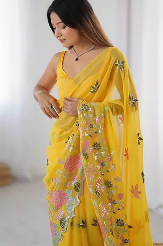 Yellow ethnic embellished saree with matching blouse