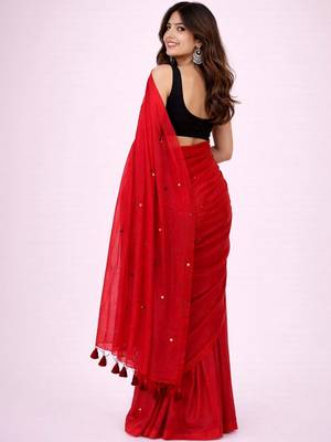 Red handloom khadi cotton traditional mirror work thread tassels sarees 3