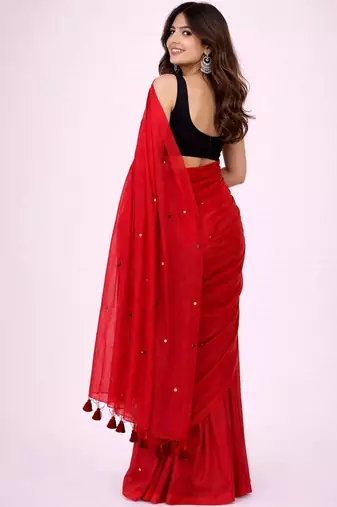 Red handloom khadi cotton traditional mirror work thread tassels sarees