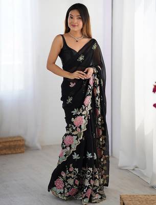 Black sequin embellished saree with matching blouse 1