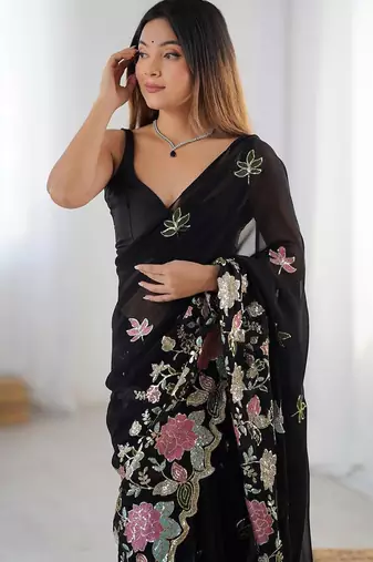 Black sequin embellished saree with matching blouse
