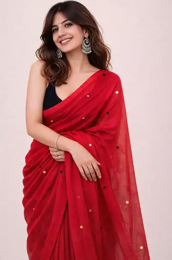 Red handloom khadi cotton traditional mirror work thread tassels sarees