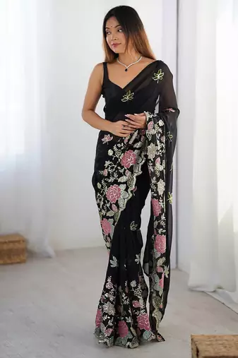 Black sequin embellished saree with matching blouse