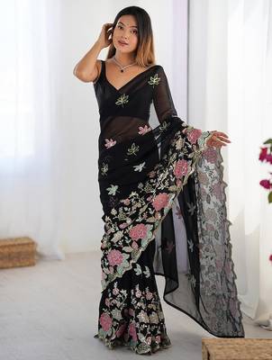 Black sequin embellished saree with matching blouse 4