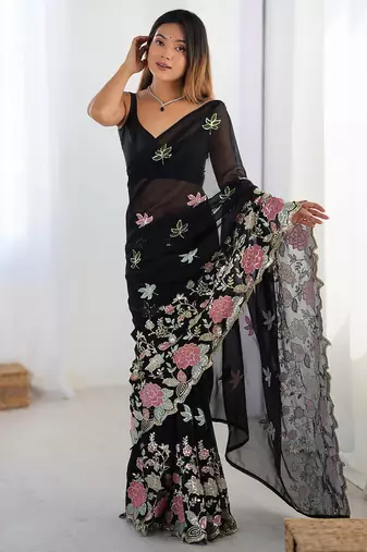 Black sequin embellished saree with matching blouse