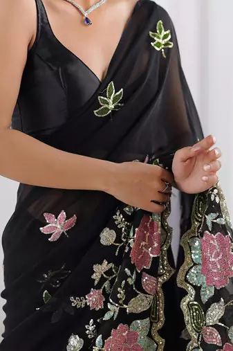 Black sequin embellished saree with matching blouse