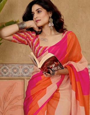 Orange printed chanderi ready to wear saree blouse piece 1