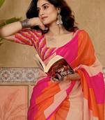 Orange printed chanderi ready to wear saree blouse piece