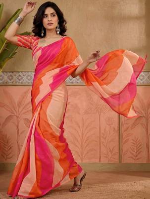 Orange printed chanderi ready to wear saree blouse piece 2
