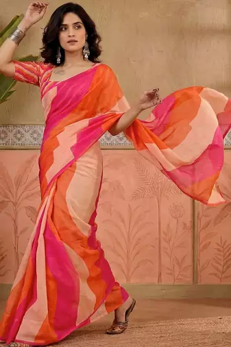 Orange printed chanderi ready to wear saree blouse piece