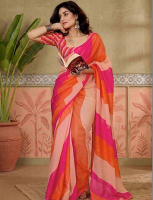 Orange printed chanderi ready to wear saree blouse piece 3