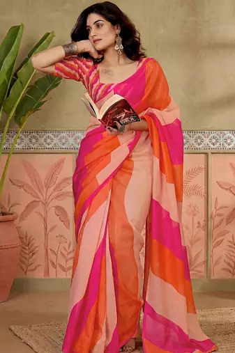 Orange printed chanderi ready to wear saree blouse piece