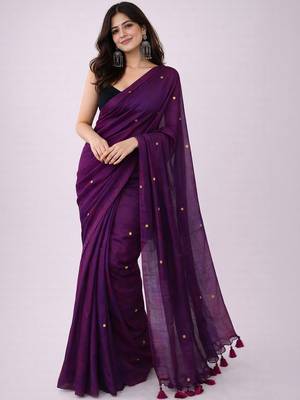 Purple handloom khadi cotton traditional mirror work thread tassels sarees 1
