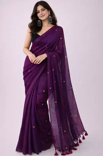 Purple handloom khadi cotton traditional mirror work thread tassels sarees