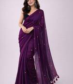 Purple handloom khadi cotton traditional mirror work thread tassels sarees