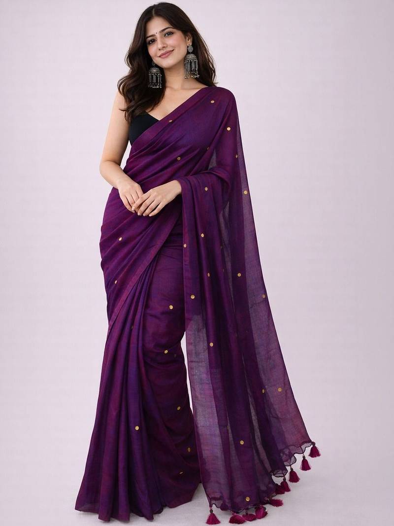 Purple handloom khadi cotton traditional mirror work thread tassels sarees