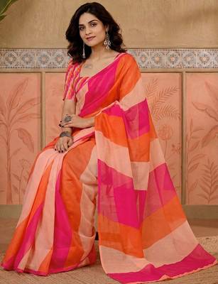 Orange printed chanderi ready to wear saree blouse piece 4