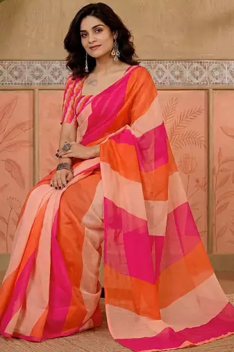 Orange printed chanderi ready to wear saree blouse piece