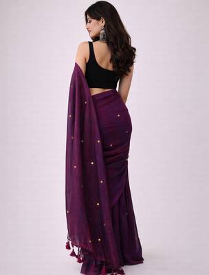 Purple handloom khadi cotton traditional mirror work thread tassels sarees 2