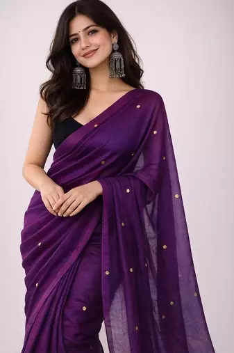 Purple handloom khadi cotton traditional mirror work thread tassels sarees