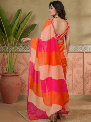 Orange printed chanderi ready to wear saree blouse piece 5