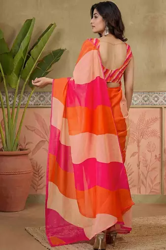 Orange printed chanderi ready to wear saree blouse piece