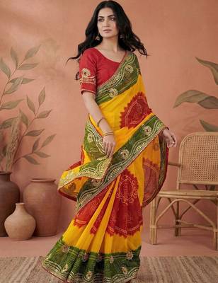 Red bandhani printed embroidered  gota lace sarees with unstitched blouse piece 1