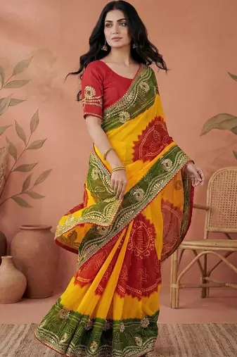 Red bandhani printed embroidered  gota lace sarees with unstitched blouse piece