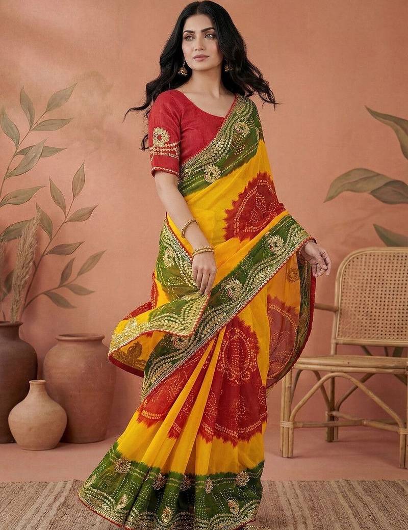 Red bandhani printed embroidered  gota lace sarees with unstitched blouse piece