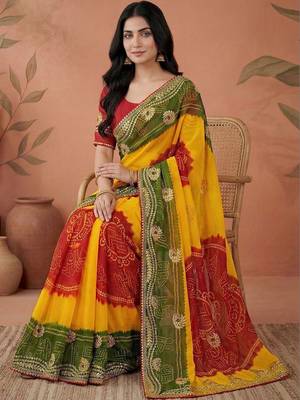 Red bandhani printed embroidered  gota lace sarees with unstitched blouse piece 2