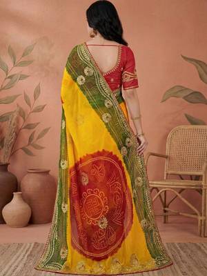 Red bandhani printed embroidered  gota lace sarees with unstitched blouse piece 3