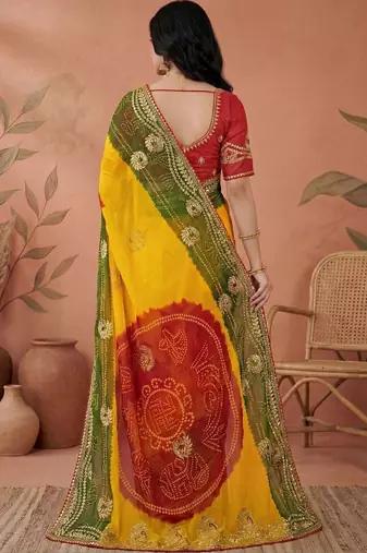 Red bandhani printed embroidered  gota lace sarees with unstitched blouse piece