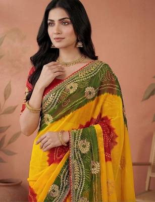 Red bandhani printed embroidered  gota lace sarees with unstitched blouse piece 4