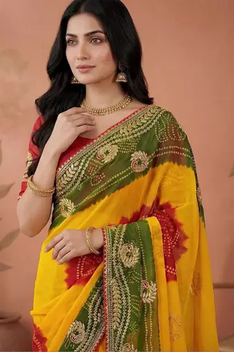 Red bandhani printed embroidered  gota lace sarees with unstitched blouse piece