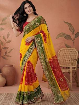 Red bandhani printed embroidered  gota lace sarees with unstitched blouse piece 5