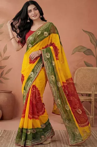 Red bandhani printed embroidered  gota lace sarees with unstitched blouse piece