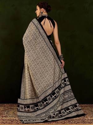 Beige dadu printed saree with blouse piece 3
