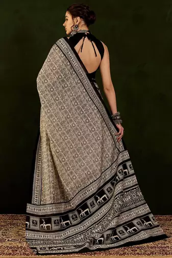Beige dadu printed saree with blouse piece