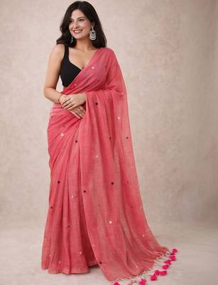 Pink handloom khadi cotton traditional mirror work thread tassels sarees 1
