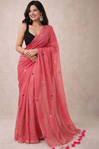 Pink handloom khadi cotton traditional mirror work thread tassels sarees