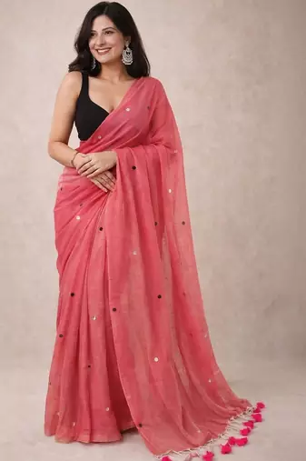Pink handloom khadi cotton traditional mirror work thread tassels sarees