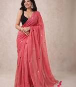Pink handloom khadi cotton traditional mirror work thread tassels sarees