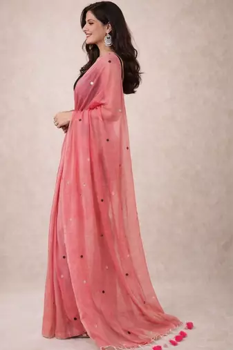 Pink handloom khadi cotton traditional mirror work thread tassels sarees