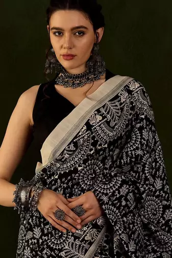 Black dabu printed saree with blouse