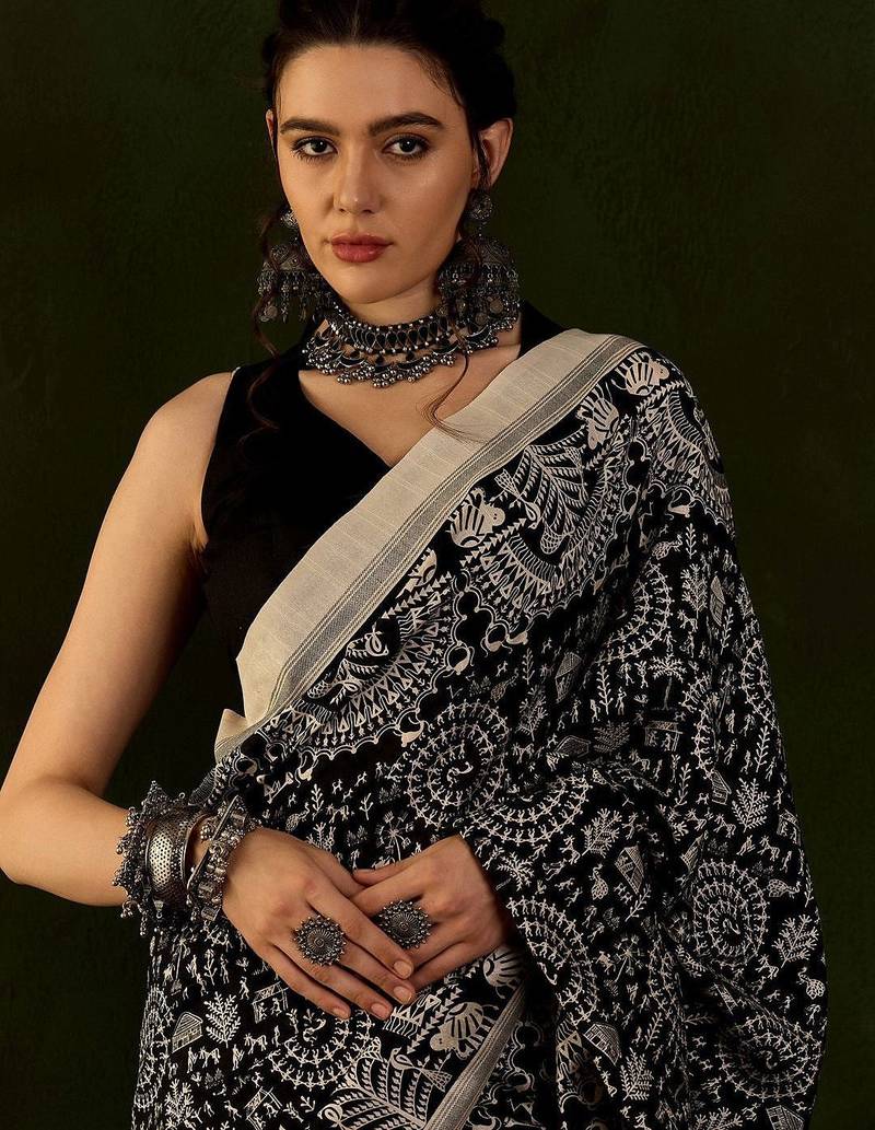 Black dabu printed saree with blouse