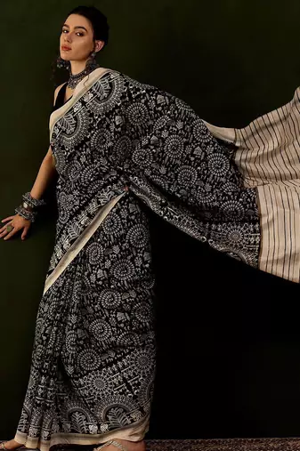 Black dabu printed saree with blouse