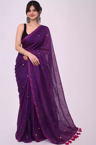 Brown handloom khadi cotton traditional mirror work thread tassels sarees