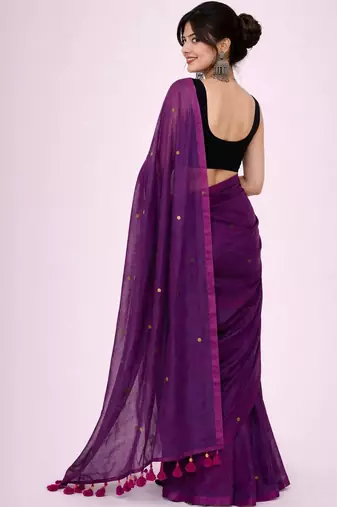 Brown handloom khadi cotton traditional mirror work thread tassels sarees
