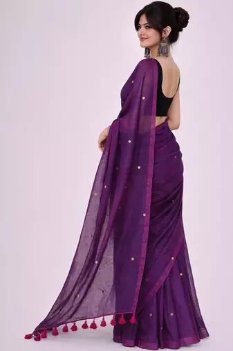 Brown handloom khadi cotton traditional mirror work thread tassels sarees