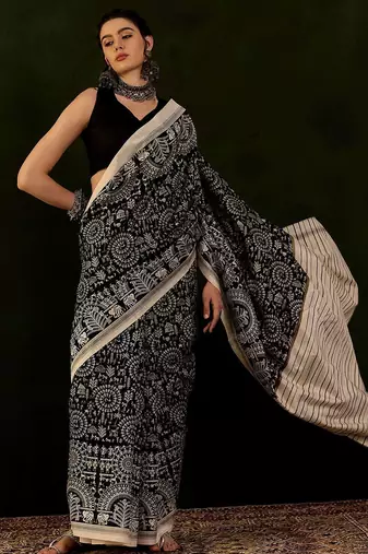 Black dabu printed saree with blouse